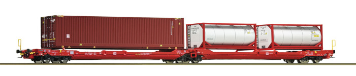 Roco 77400 - H0 - Doppeltragwagen T3000e mit Container, Tan, DB AG, Ep. VI